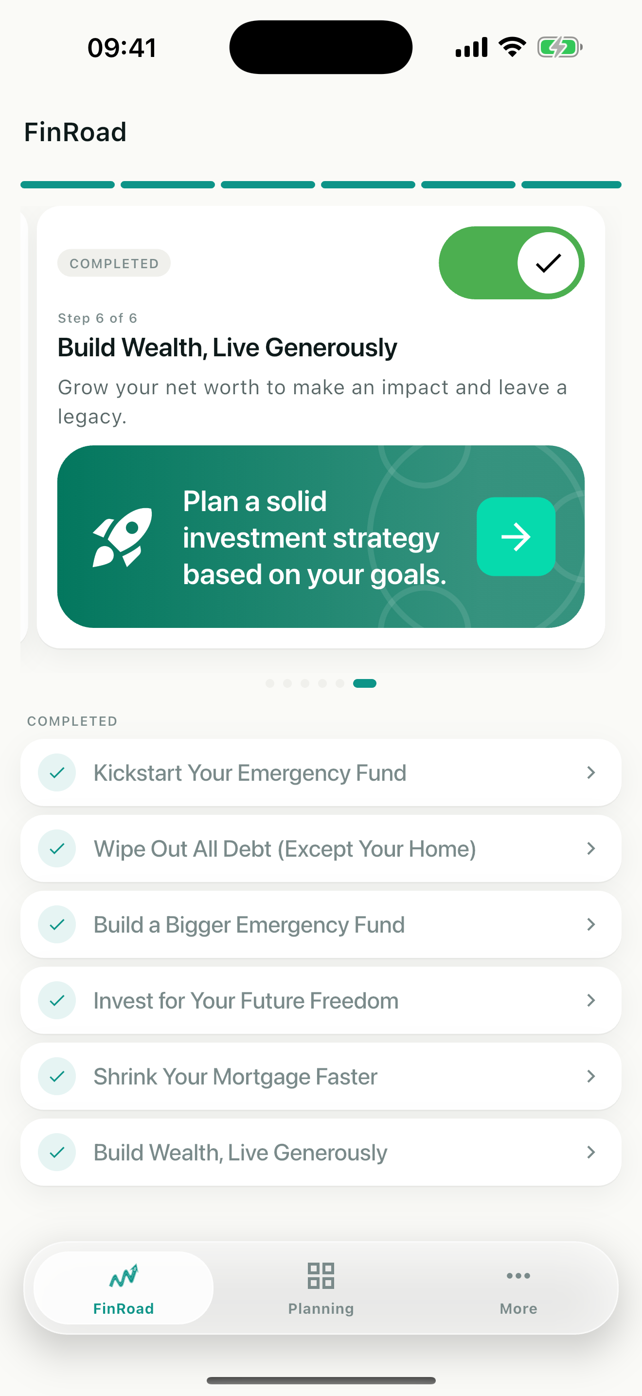 FinRoad roadmap screen showing steps toward building wealth